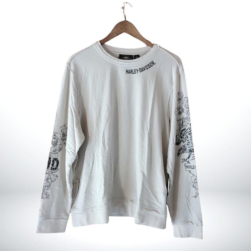 Womens Harley Davidson 1W Cream Long Sleeve Distressed Pullover Eagle & Roses